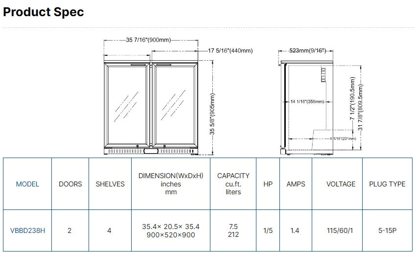 Vitlife Two Hinge Door Backbar Cooler - VBBD238H