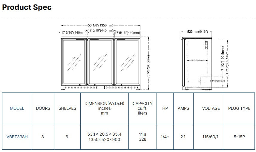 Vitlife Three Hinge Door Backbar Cooler - VBBT338H