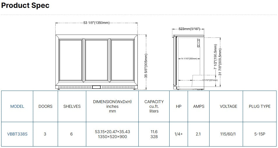 Vitlife Three Sliding Door Backbar Cooler - VBBT338S
