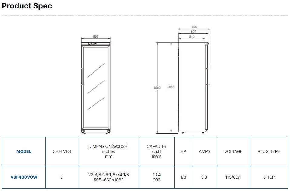 Vitlife Upright Ventilated Freezer - Glass Door - VBF400VGW