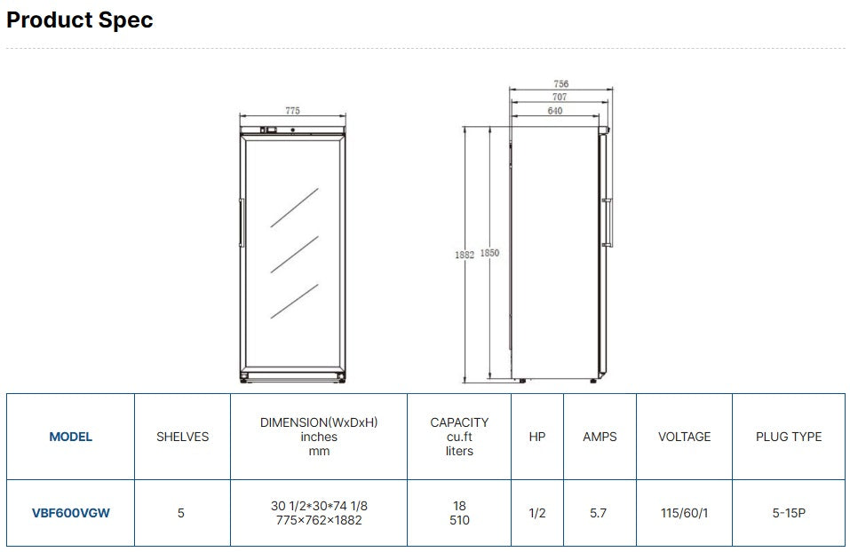 Vitlife Upright Ventilated Freezer - Glass Door - VBF600VGW