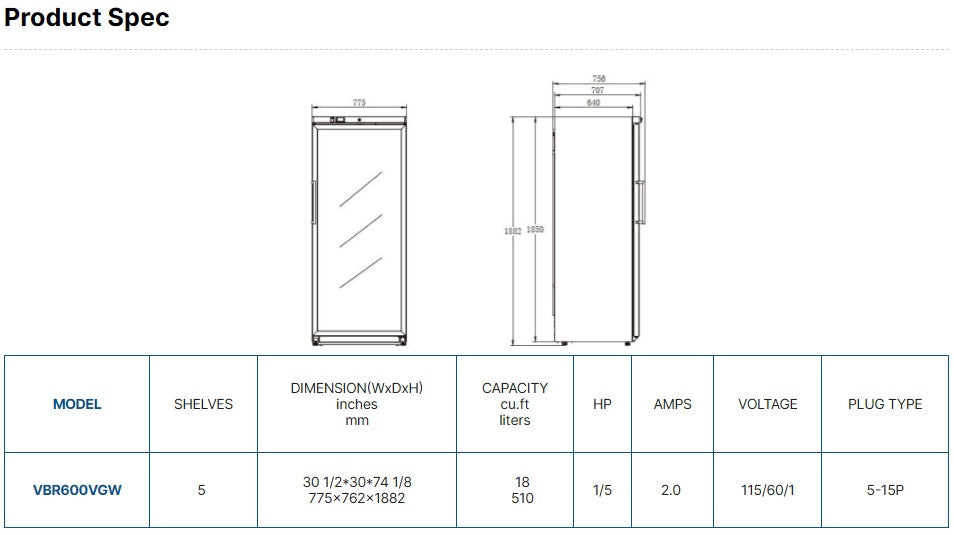 Vitlife Upright Ventilated Chiller - Glass Door - VBR600VGW