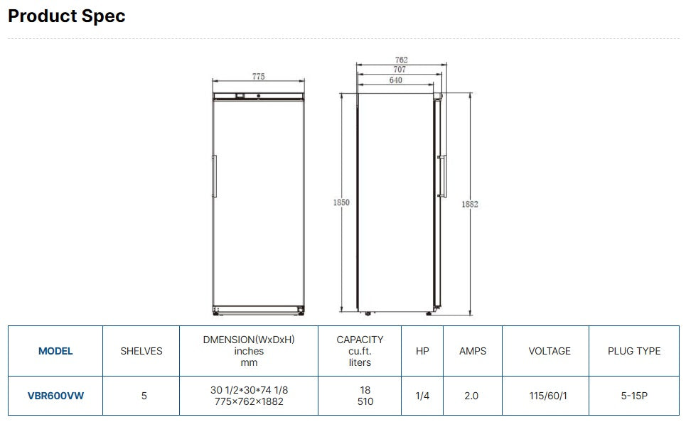 Vitlife Upright Ventilated Chiller - Solid Door - VBR600VW