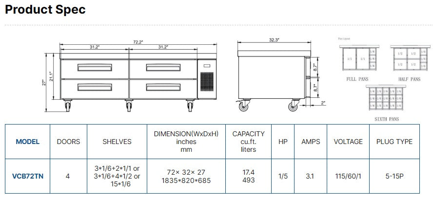 Vitlife Chef Base Refrigerator - Four Drawer - VCB72TN