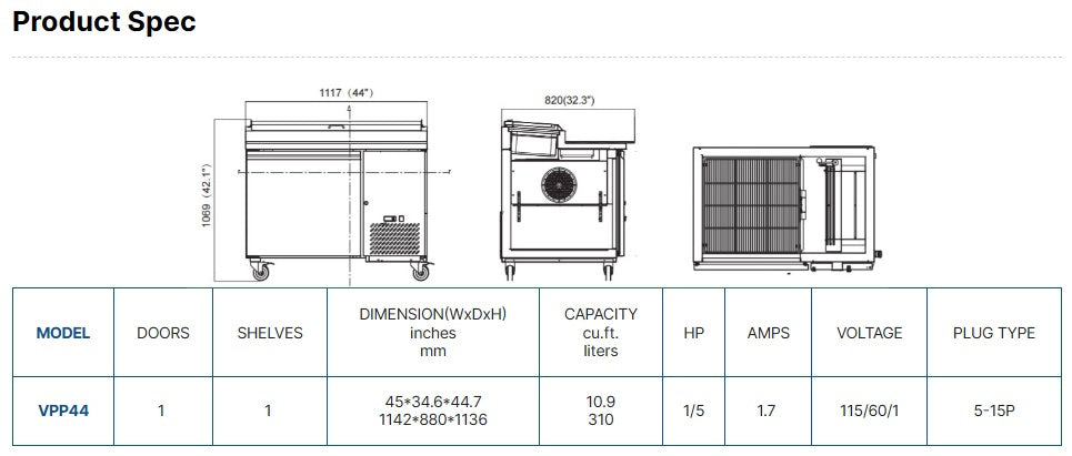Vitlife One Door Pizza Prep Table - VPP44
