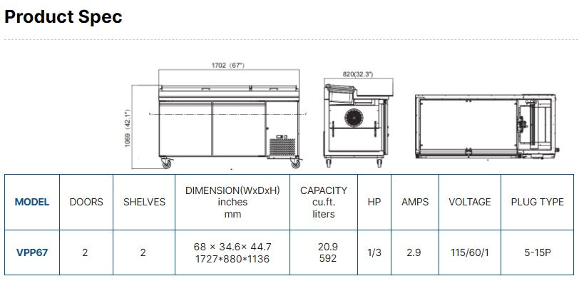 Vitlife Two Door Pizza Prep Table - VPP67