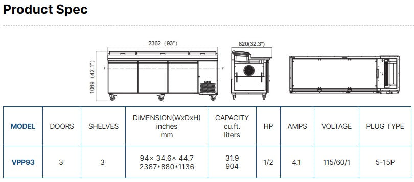 Vitlife Three Door Pizza Prep Table - VPP93