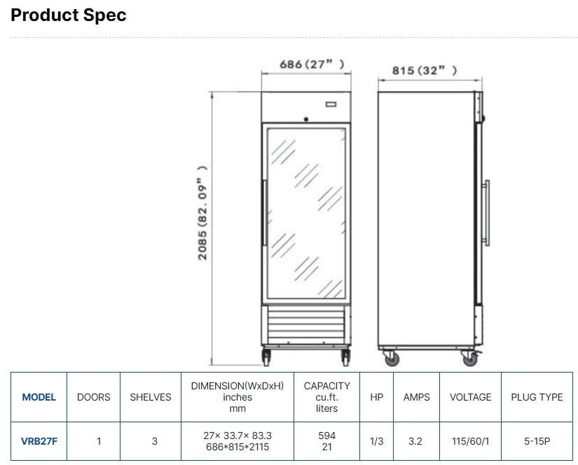 Vitife Bottom Mounted Glass Door freezer - VRB27FG