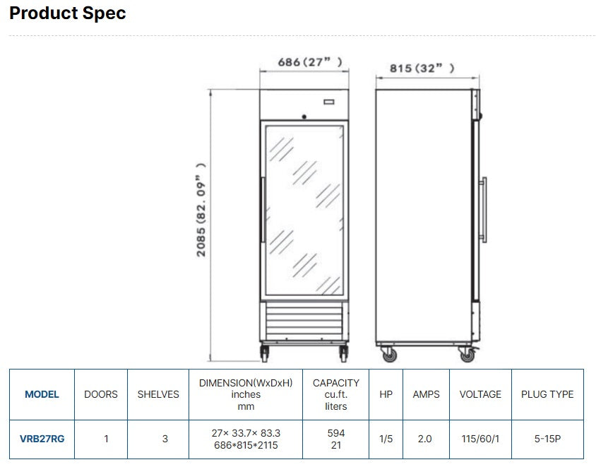 Vitlife Bottom Mounted Glass Door Refrigerator - VRB27RG