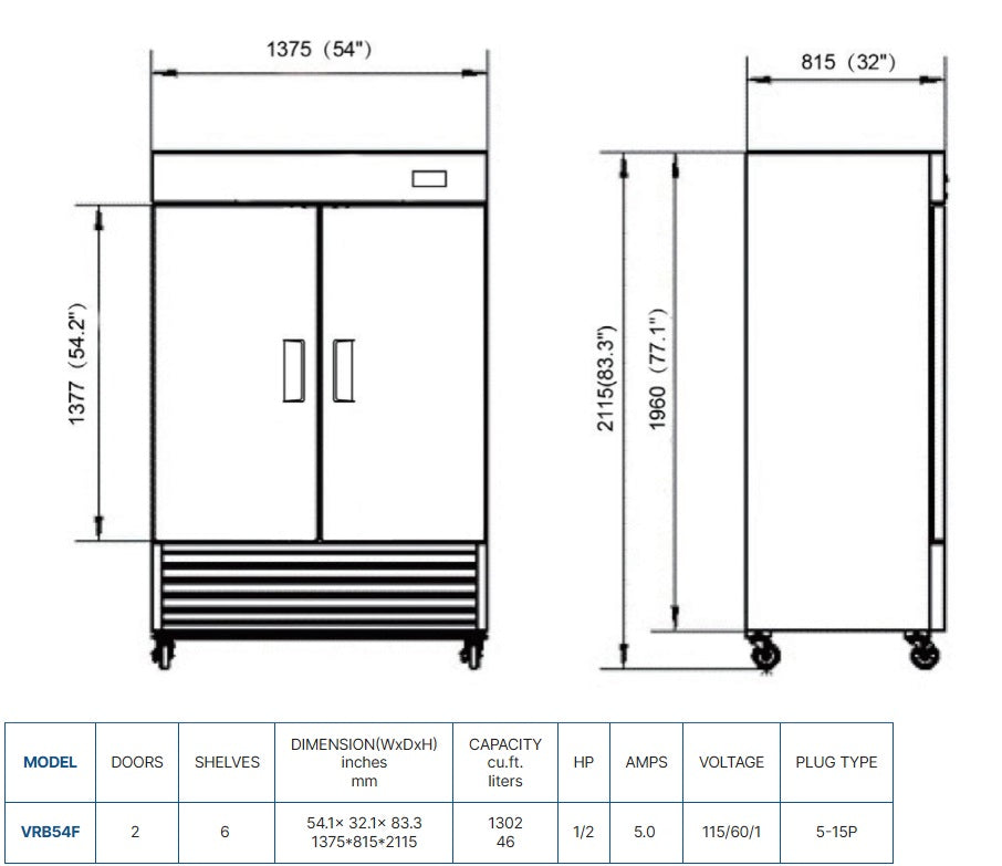 Vitlife Bottom Mounted Solid Double Door Freezer - VRB54F