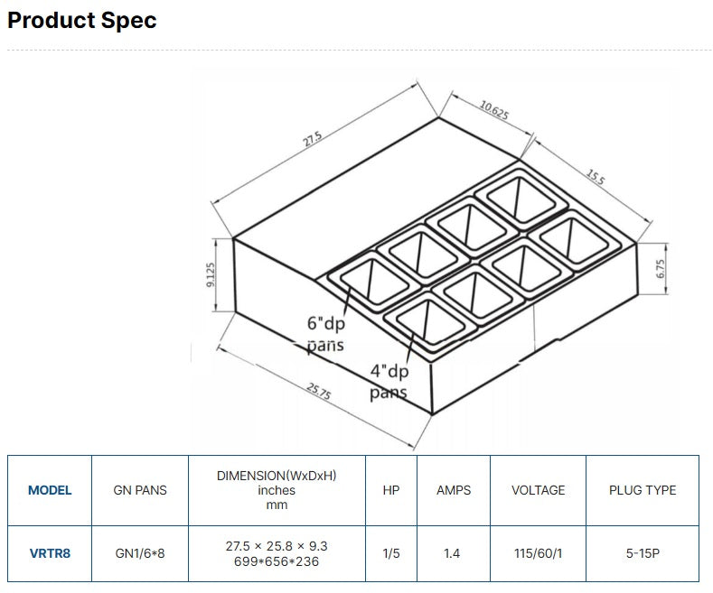 Vitlife Refrigerated Topping Unit - Eight GIN 1/6 Pans - VRTR8