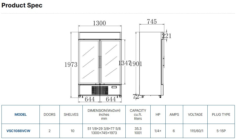 Vitlife Merchandising Swing Glass Door Refrigerator with Canopy - Double Doors - VSC1088VCW