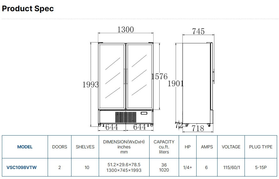 Vitlife Merchandising Swing Glass Door Refrigerator - Double Doors - VSC1098VTW