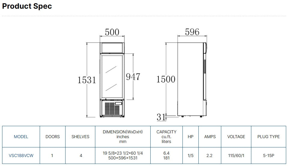 Vitlife Merchandising Swing Glass Door Refrigerator with Canopy - One Door - VSC188VCW