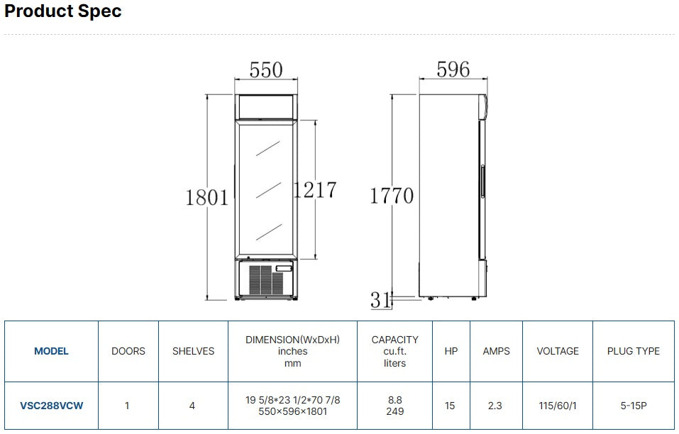 Vitlife Merchandising Swing Glass Door Refrigerator with Canopy - One Door - VSC288VCW
