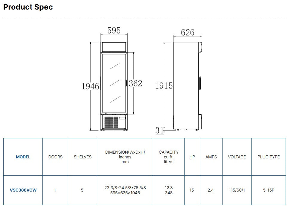 Vitlife Merchandising Swing Glass Door Refrigerator with Canopy - One Door - VSC388VCW