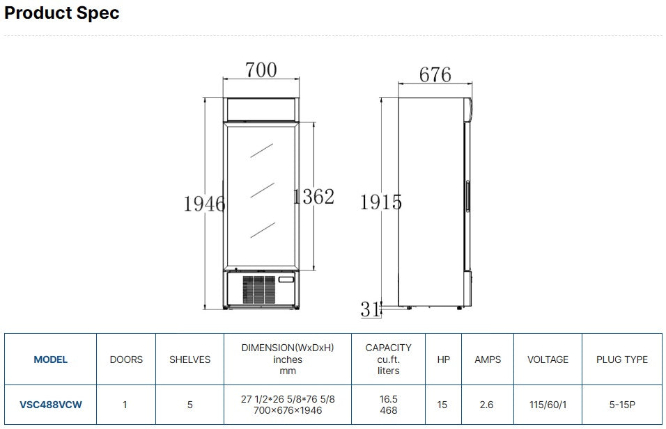Vitlife Merchandising Swing Glass Door Refrigerator with Canopy - One Door - VSC488VCW