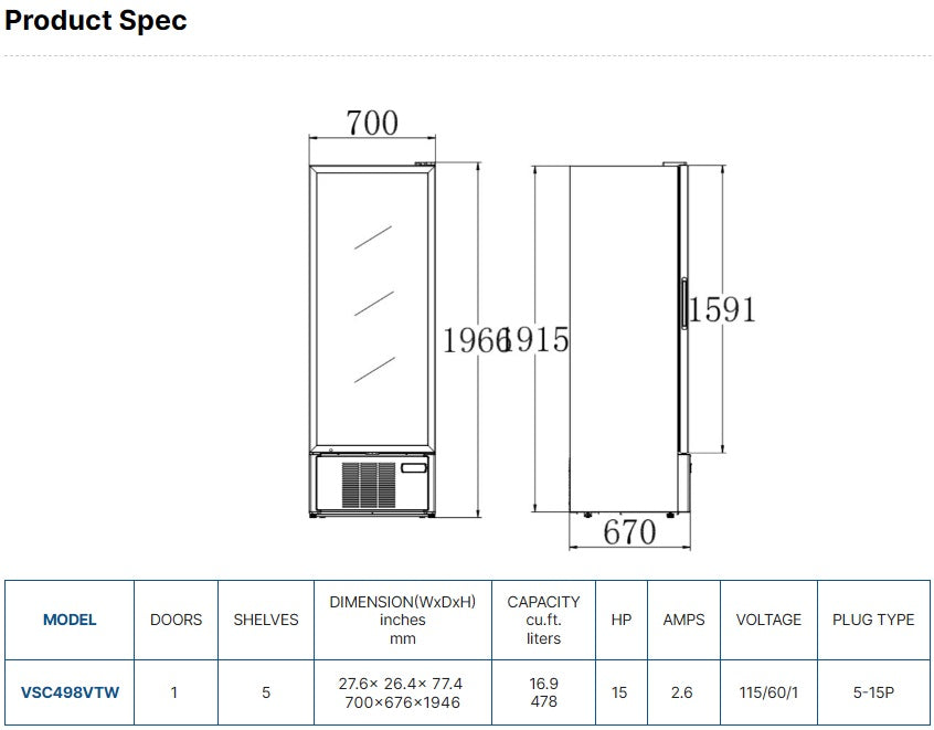 Vitlife Merchandising Swing Glass Door Refrigerator - One Door - VSC498VTW
