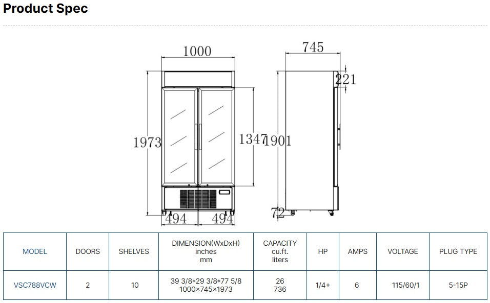 Vitlife Merchandising Swing Glass Door Refrigerator with Canopy - Double Doors - VSC788VCW