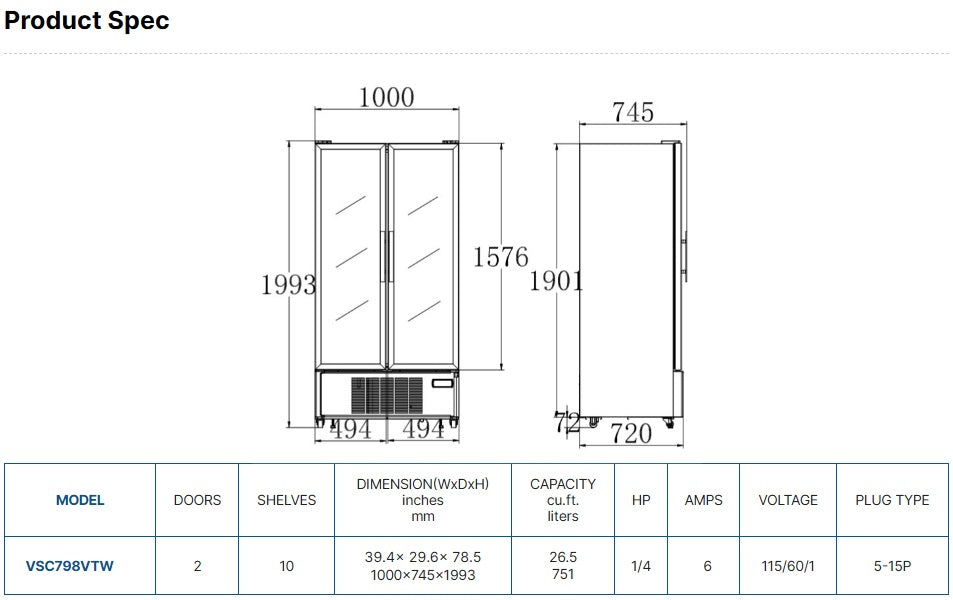 Vitlife Merchandising Swing Glass Door Refrigerator - Double Doors - VSC798VTW