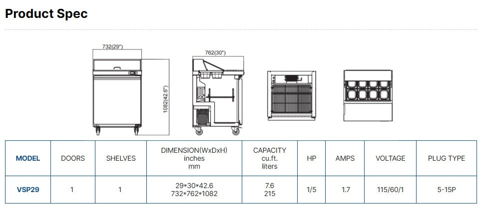 Vitlife Sandwich/Salad Prep Table - One Door Standard Top - VSP29