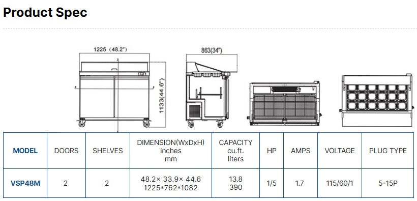 Vitlife Sandwich/Salad Prep Table - Two Door Mega Top - VSP48M