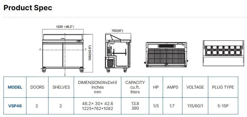 Vitlife Sandwich/Salad Prep Table - Two Door Standard Top - VSP48