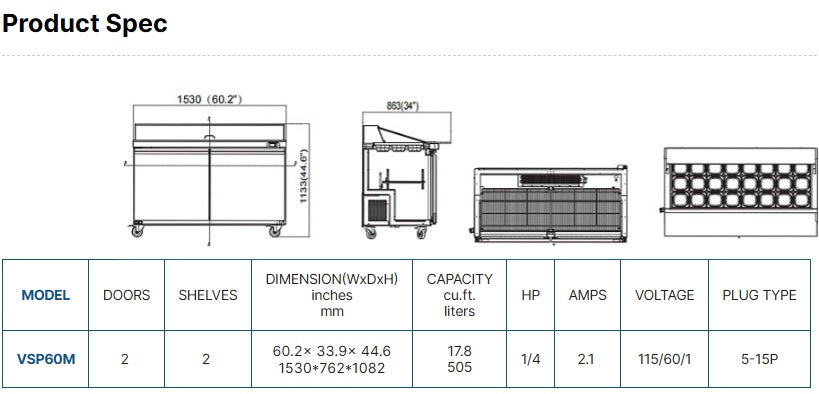 Vitlife Sandwich/Salad Prep Table - Two Door Mega Top - VSP60M