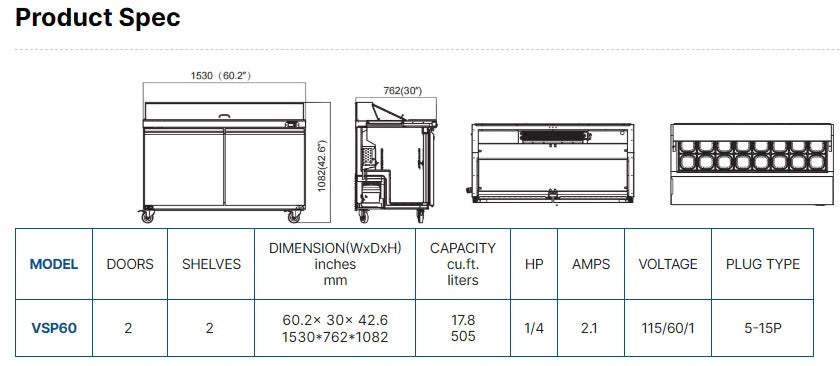 Vitlife Sandwich/Salad Prep Table - Two Door Standard Top - VSP60