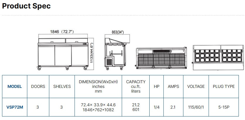 Vitlife Sandwich/Salad Prep Table - Three Door Mega Top - VSP72M