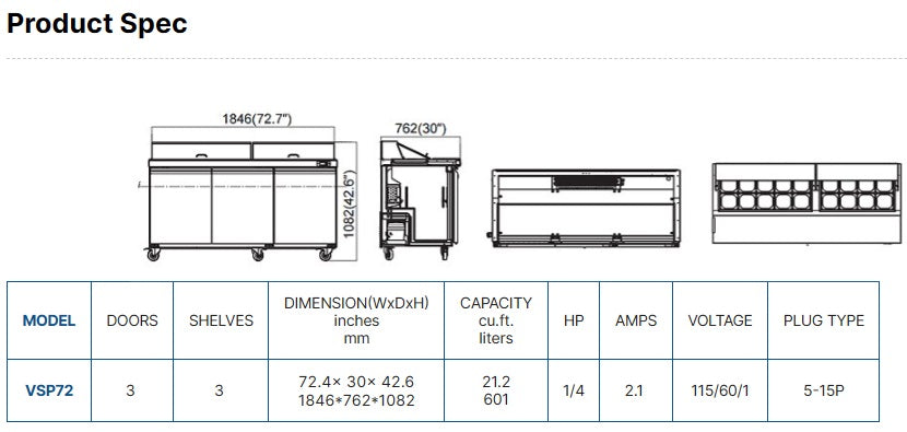 Vitlife Sandwich/Salad Prep Table - Three Door Standard Top - VSP72