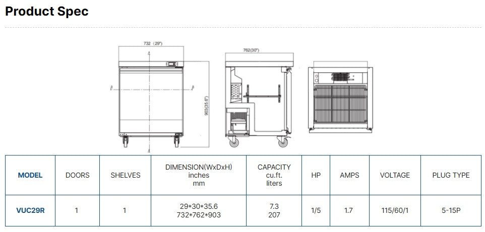 Vitlife Under Counter Refrigerator - One Door - VUC29R