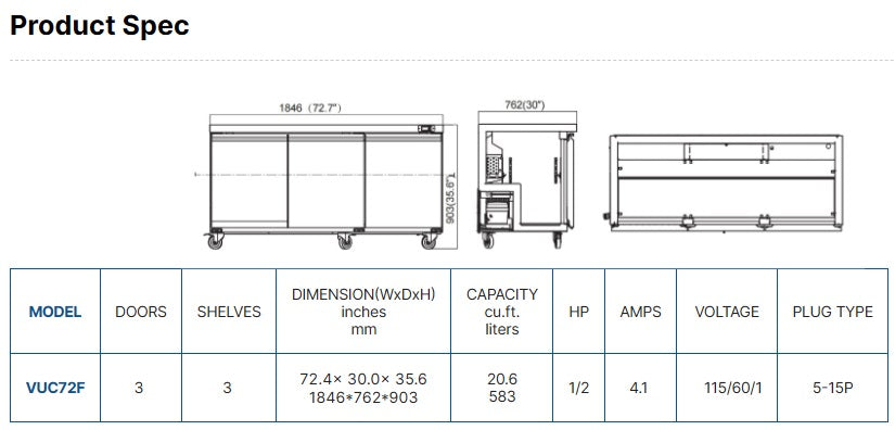 Vitlife Under Counter Freezer - Three doors - VUC72F